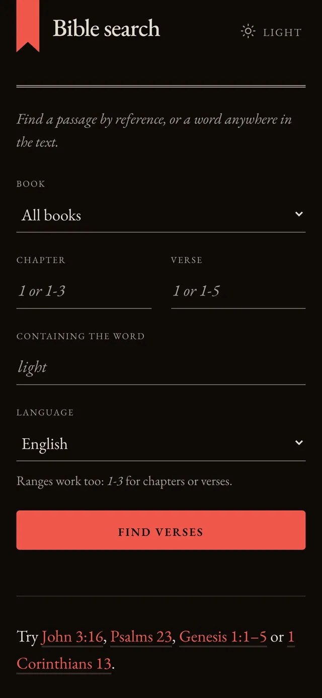 BibleSearch form with book, chapter, verse, keyword and language fields above a Find verses button