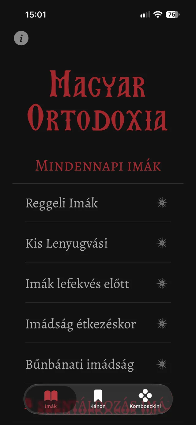 Imakönyv home screen listing the daily prayers in Hungarian, such as morning prayer and prayer before sleep