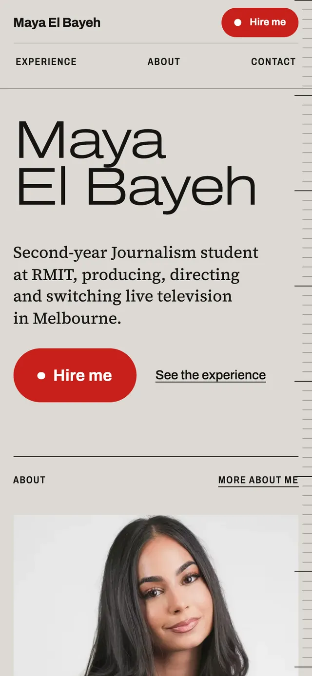 Maya El Bayeh portfolio home page with the name in large type, a short bio and a Hire me button