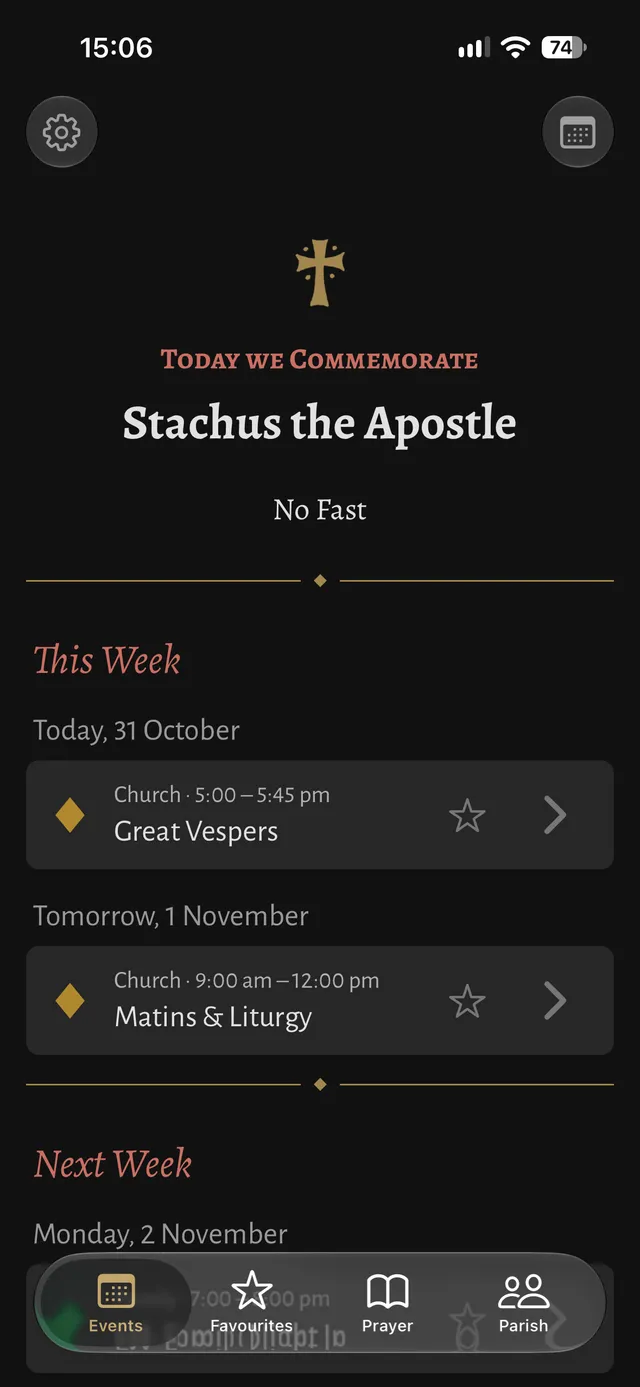 SPAOC home screen showing the saint commemorated today, the fasting rule and a list of upcoming parish events
