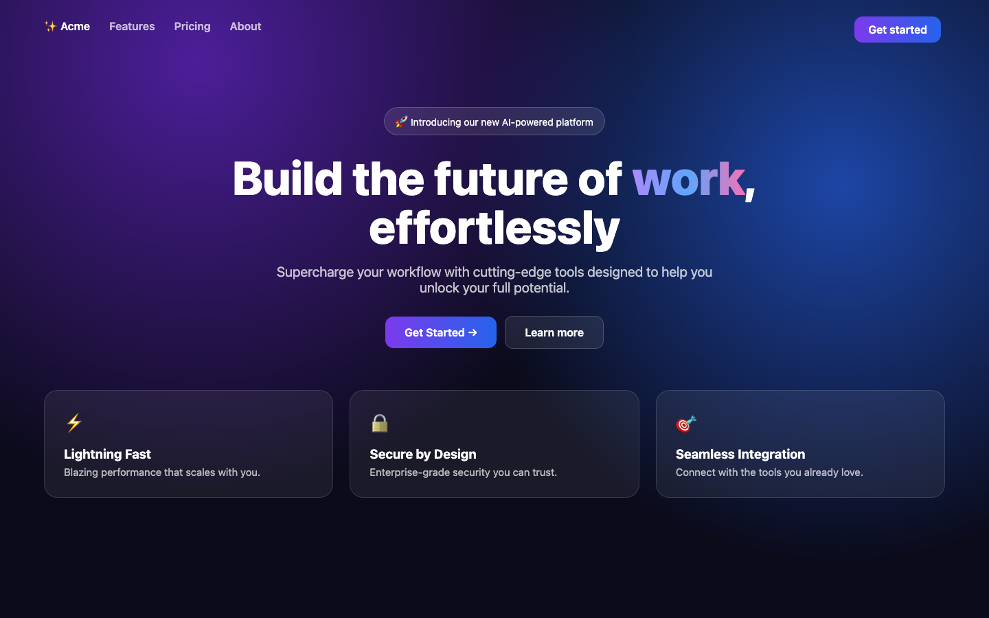 A mock landing page with a dark purple and blue gradient background, a centred headline with a gradient word, two buttons and three emoji feature cards