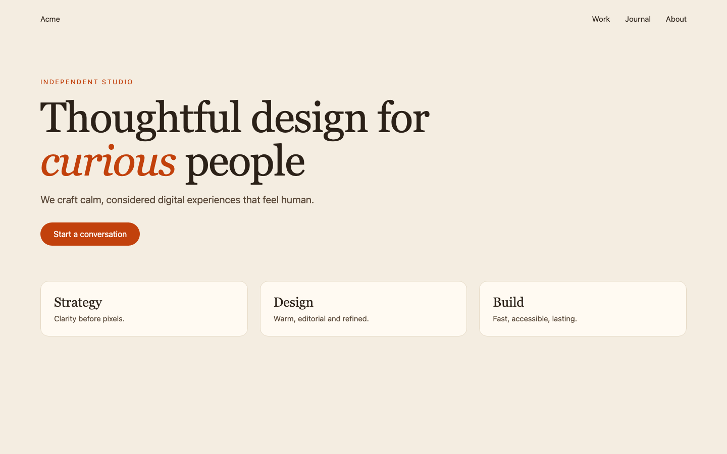 A mock studio homepage with a large serif headline with one italic orange word, a cream background and rounded cards