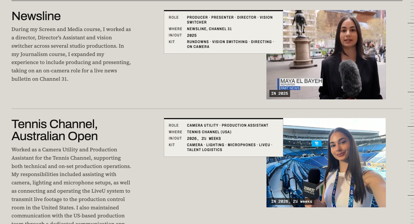 Two entries from the finished site's experience list, with sans-serif headings, serif body text and monospace metadata cards beside photos