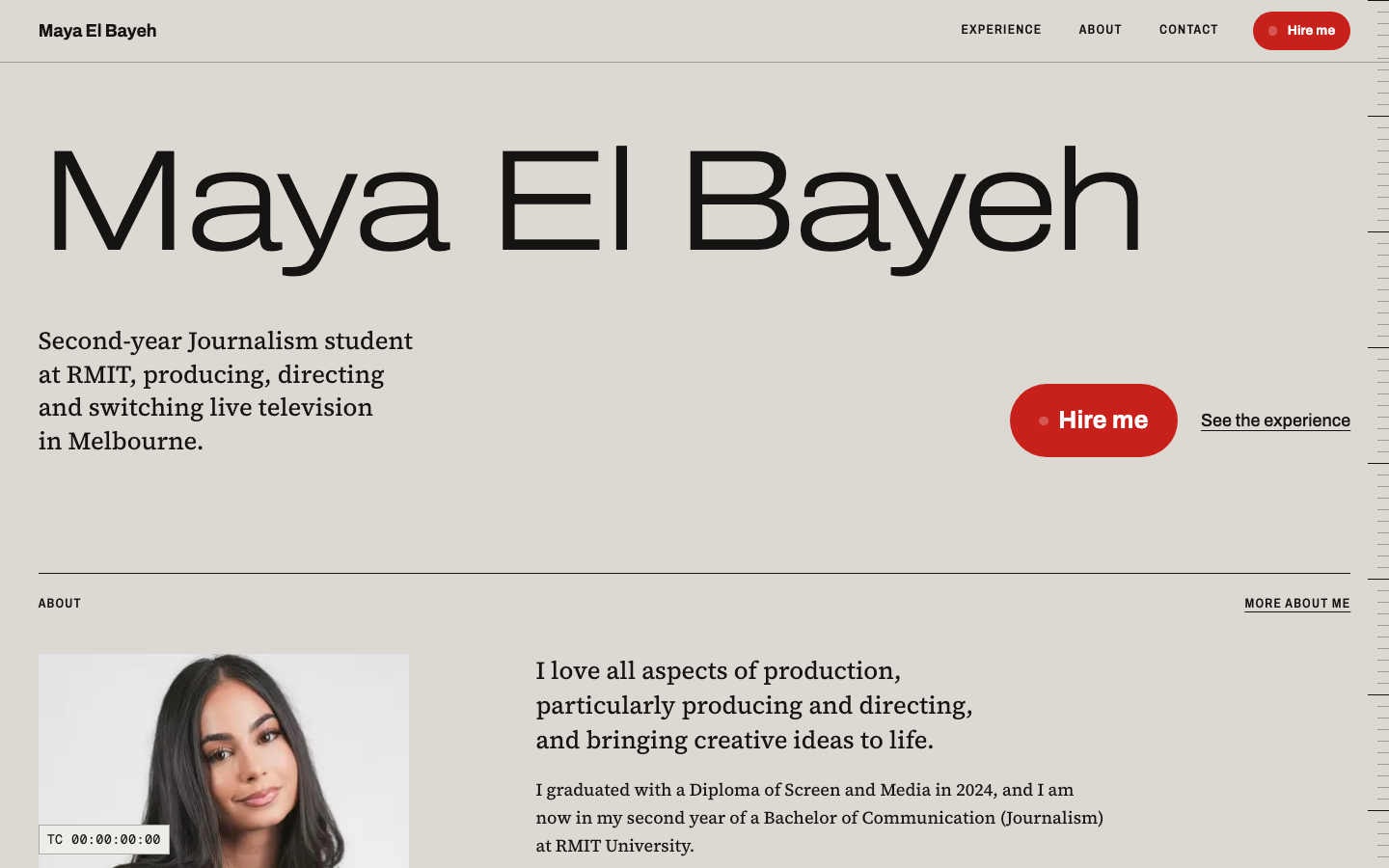 The top of the finished portfolio: a large wide sans-serif name on a warm grey background, a serif intro, and a red Hire me button