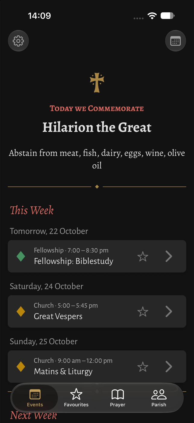 SPAOC home screen after the refactor, with a serif commemoration header, starred events and a four-tab bar