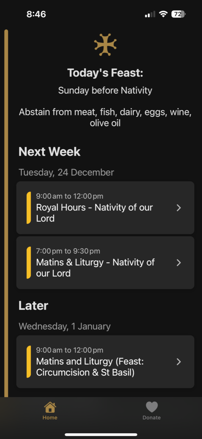 SPAOC home screen before the refactor, with a plain list of upcoming events and a two-tab bar